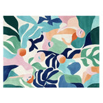 This vibrant area rug features a contemporary abstract design with bold colors like blue, green, orange, and pink. Perfect for adding a touch of modern flair to your living room, this hand-tufted wool rug showcases a unique artistic pattern.