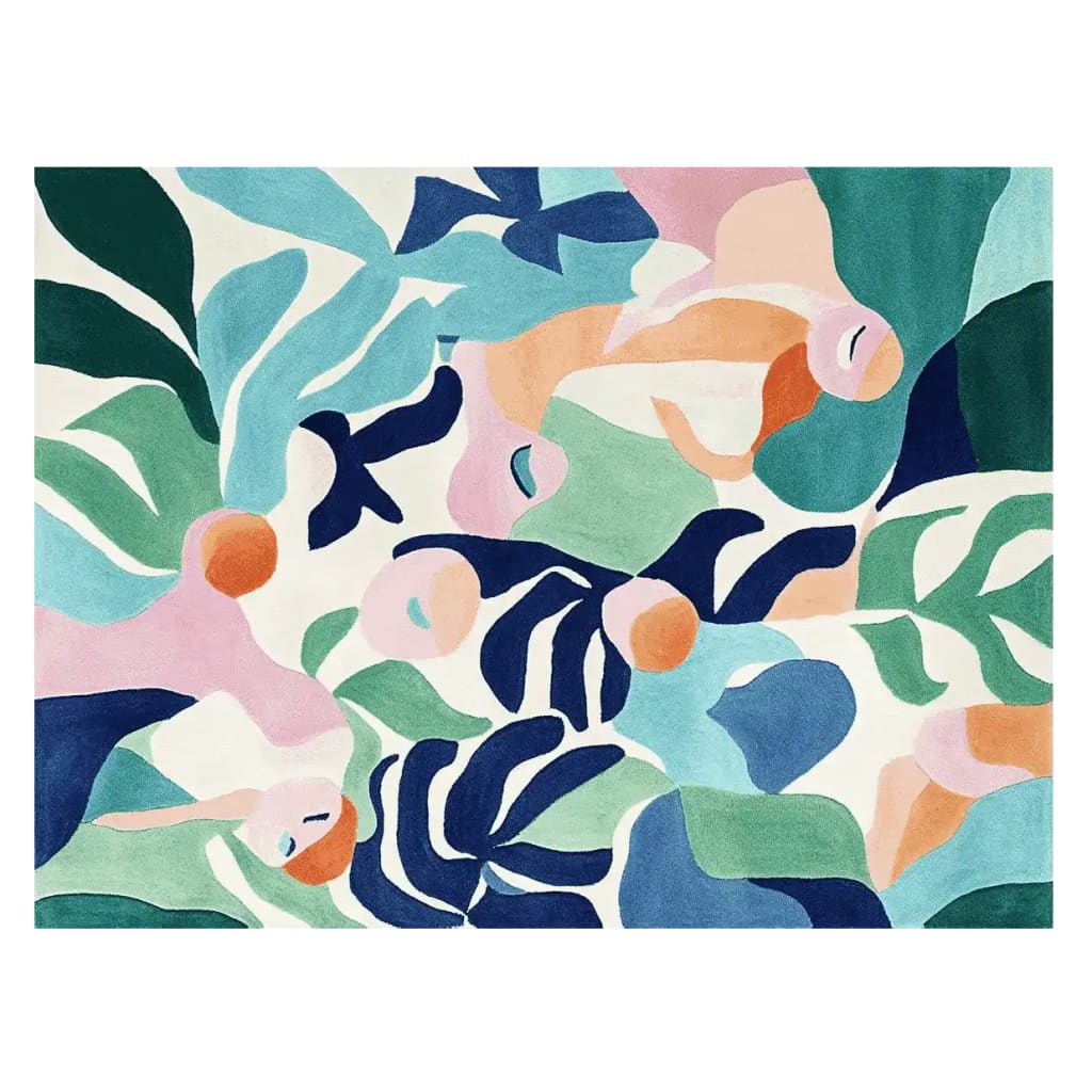 This vibrant area rug features a contemporary abstract design with bold colors like blue, green, orange, and pink. Perfect for adding a touch of modern flair to your living room, this hand-tufted wool rug showcases a unique artistic pattern.