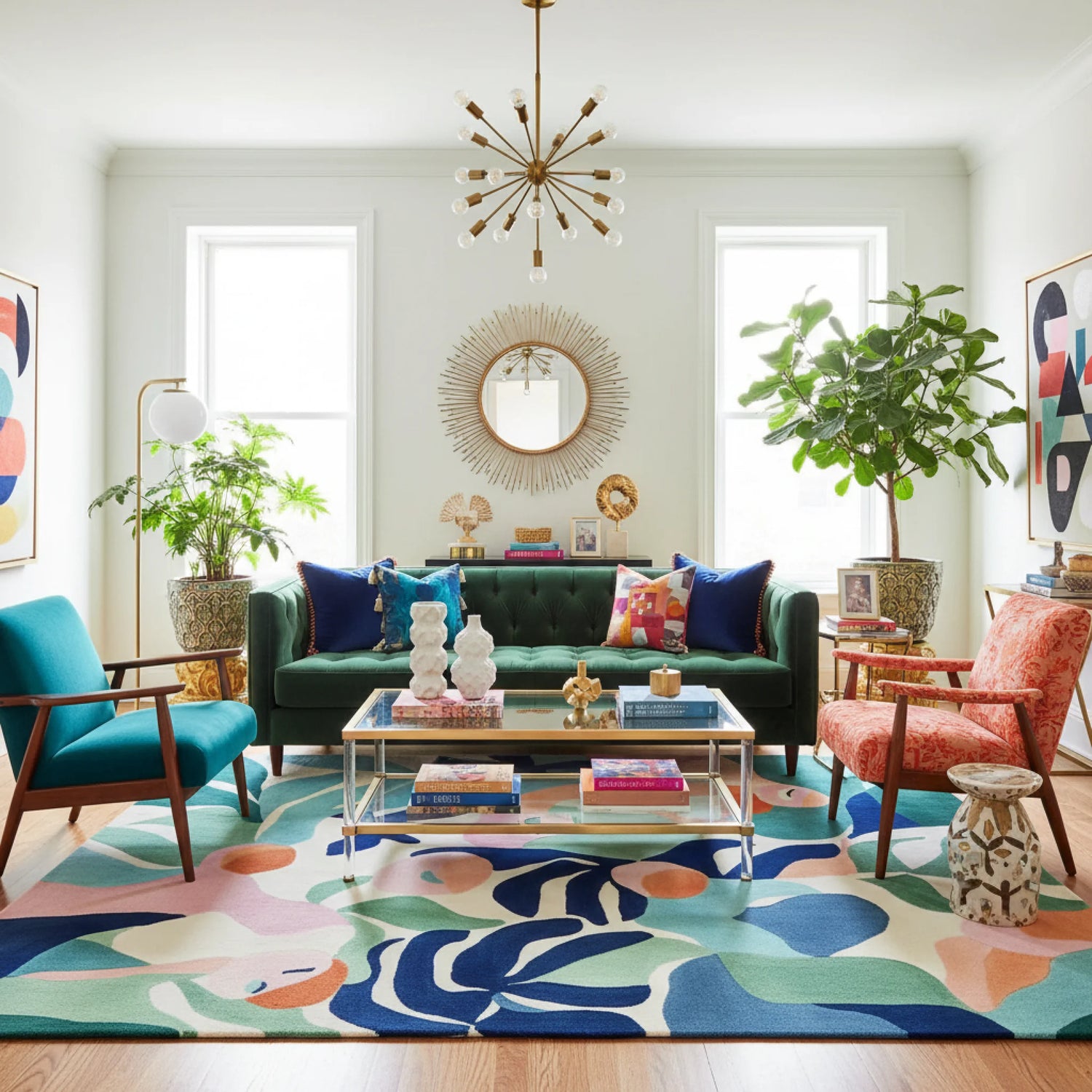 Living room with a colorful rug, green sofa, and decorative items.