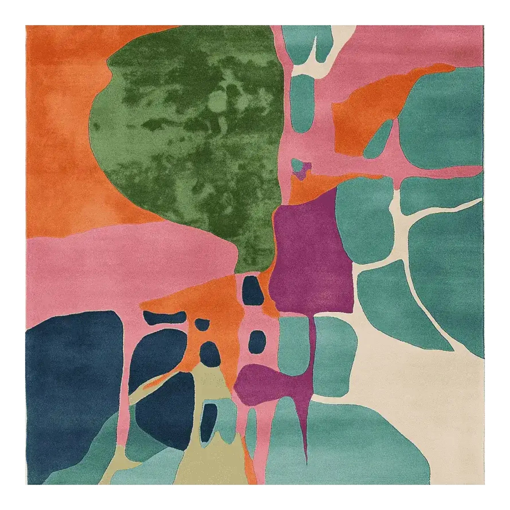 A stunning Color Canopy Hand Tufted Area Rug featuring an abstract design with vibrant colors like green, orange, pink, and teal. Perfect as a square rug for living rooms, this wool rug adds a contemporary flair to any space. Ideal for those looking for living room rugs 8x10 or square area rugs.