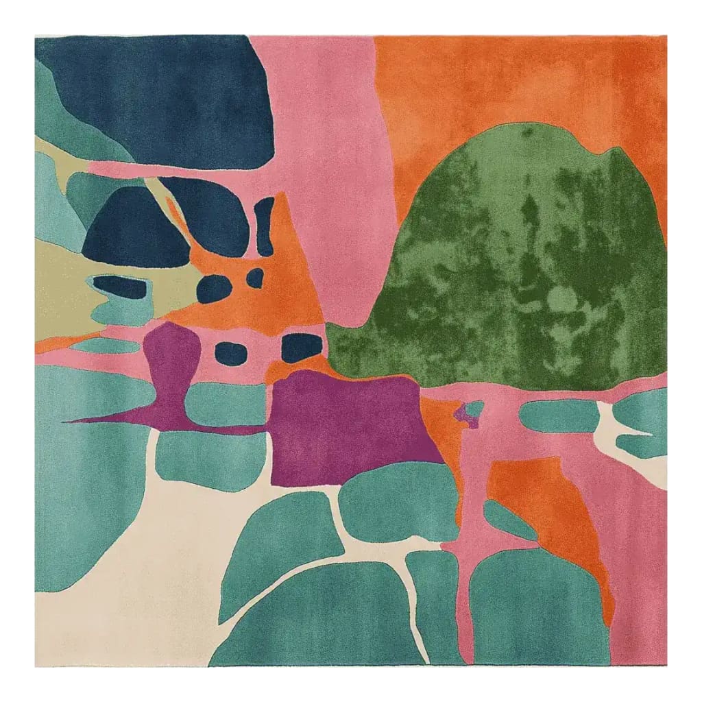 A vibrant, contemporary square area rug with an abstract design featuring bold colors like green, orange, pink, and blue. This hand-tufted wool rug adds a pop of color to any living room, making it a stylish choice for modern decor.