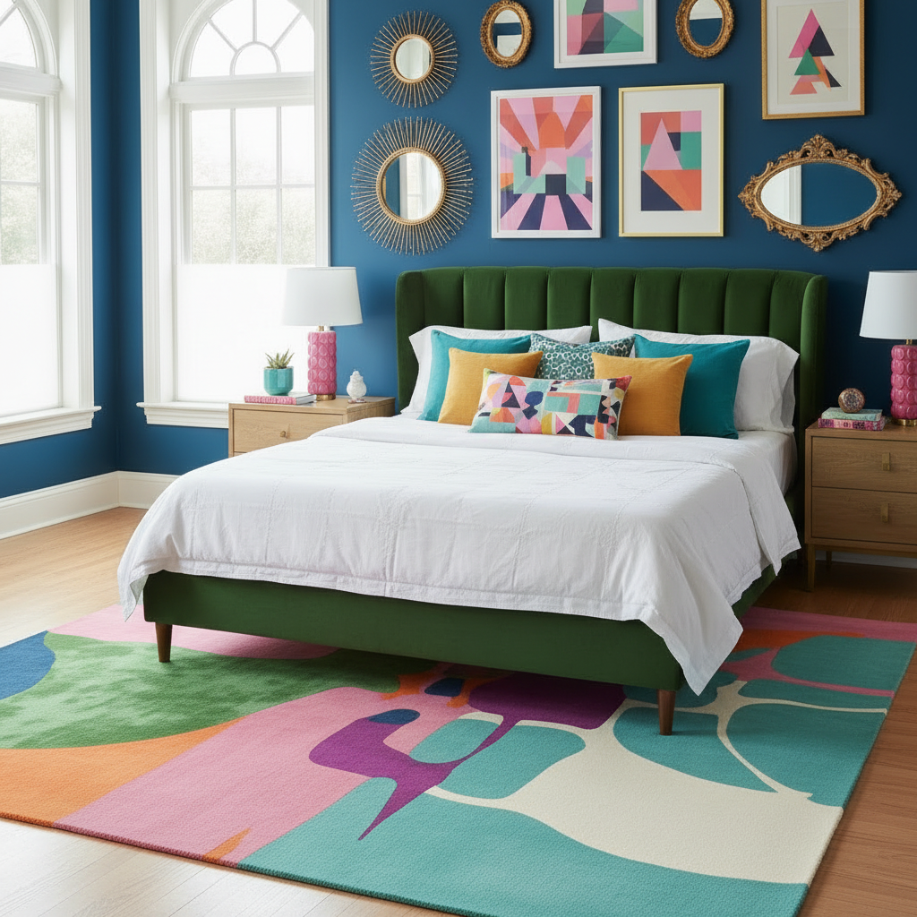 Colorful bedroom with a green bed, abstract rug, and decorative wall art.