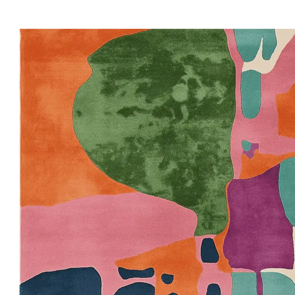 Vibrant and modern hand-tufted area rug in a square shape, featuring an abstract design with bold colors like green, orange, pink, and purple. This contemporary wool rug is perfect for adding a splash of color to living room area spaces.