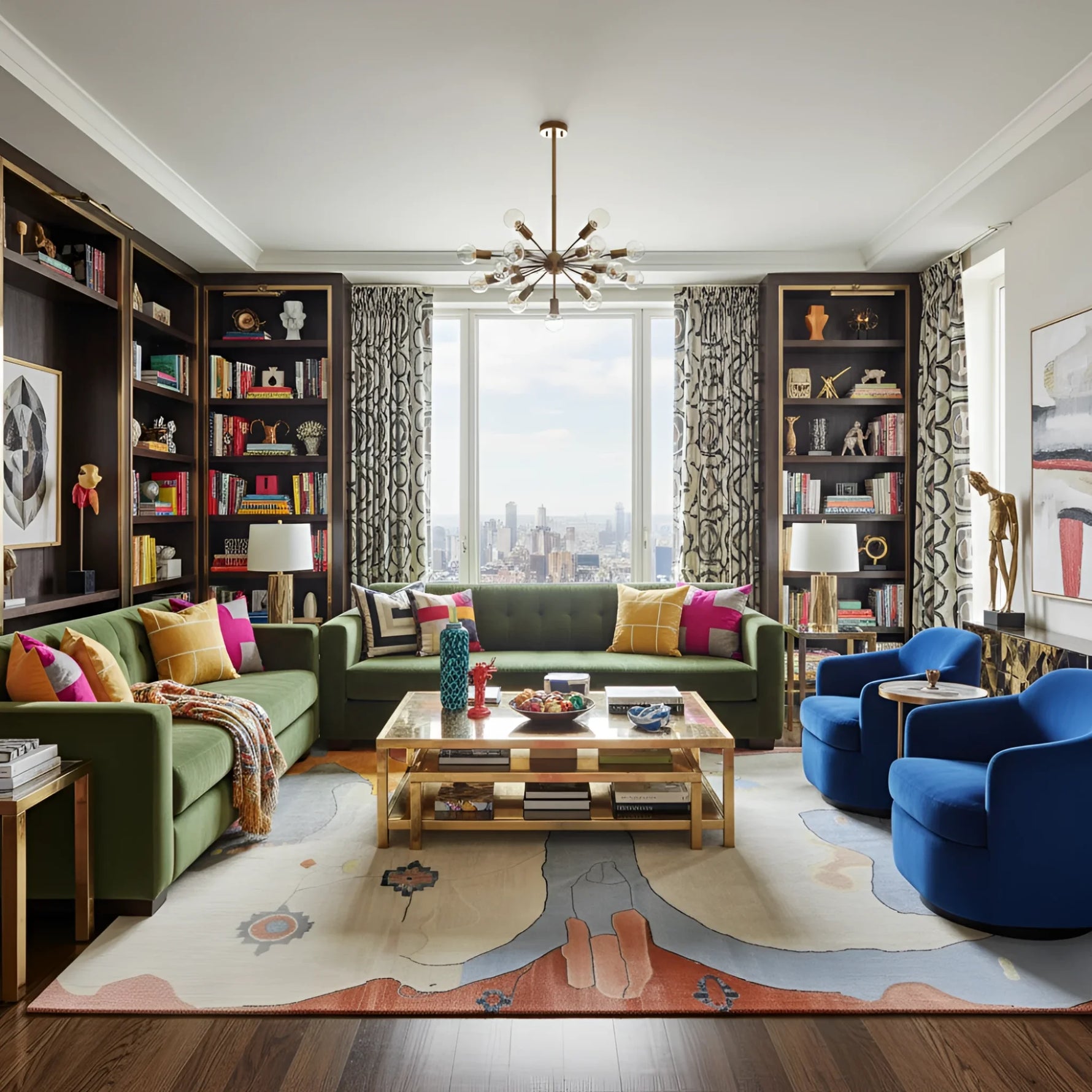 Modern living room with green sofa, an abstract geomeetric wool rug, blue chairs, and bookshelves.