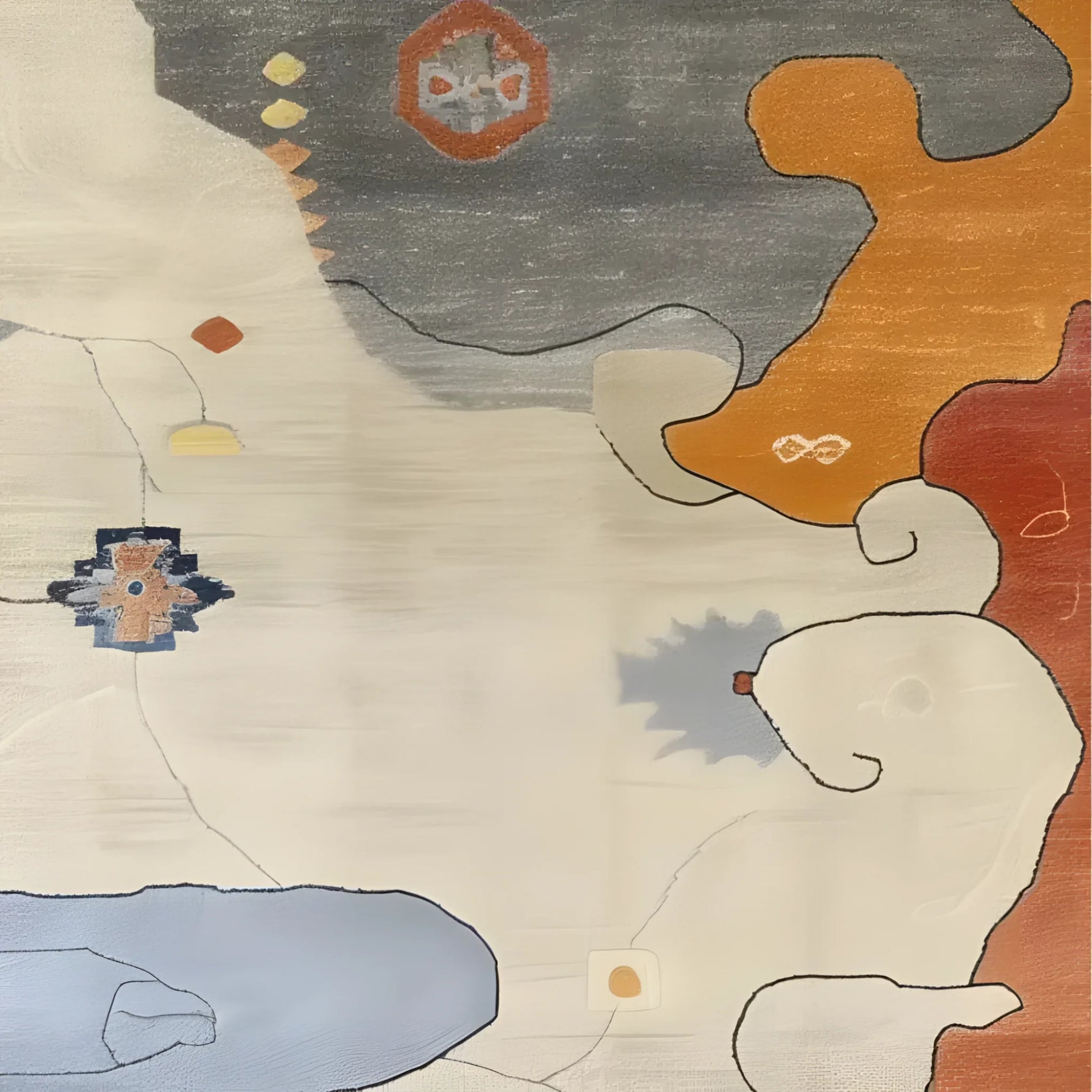 Top view of a Color Cascade Hand Tufted Rug, showcasing an abstract design with earthy tones of gray, orange, and beige. Ideal for adding a touch of modern art to your bedroom or living room, this wool area rug seamlessly blends style and comfort.