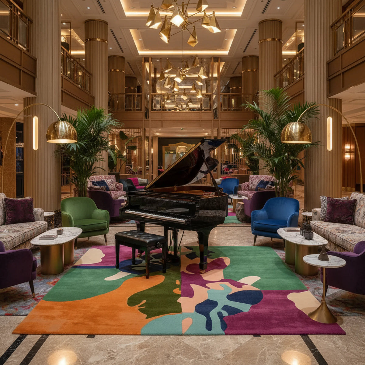 Luxurious hotel lobby with a grand piano, colorful rug, and elegant decor.