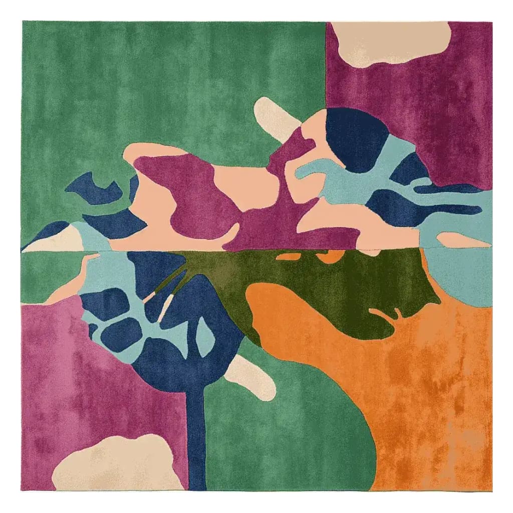 Top view of the Color Clash Canvas Hand Tufted Rug, showcasing its vibrant abstract design. This contemporary wool area rug features bold splashes of green, orange, purple, and blue, perfect for adding a modern touch to large living rooms. Ideal as a square rug or a square area rug, it measures 8x10, making it a standout piece among living room rugs.