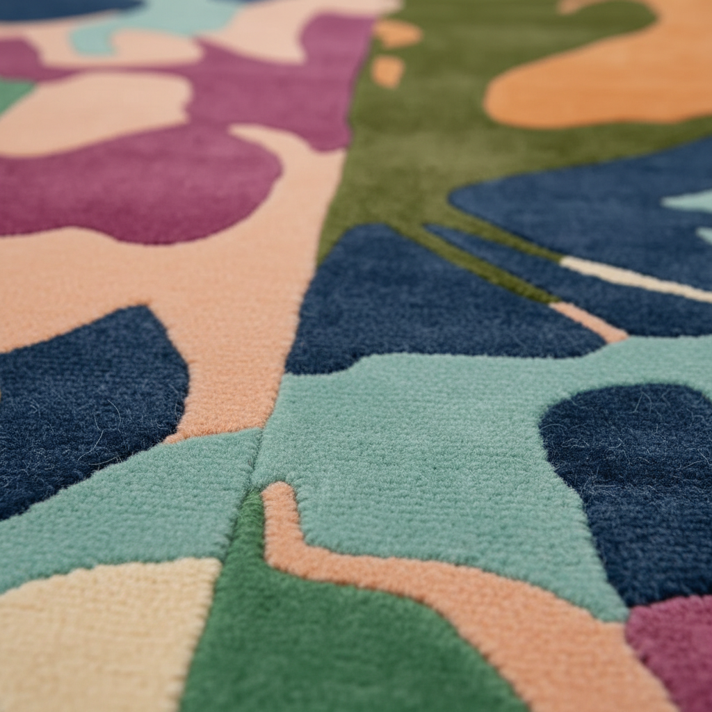 Close-up of a colorful patterned rug with abstract shapes.