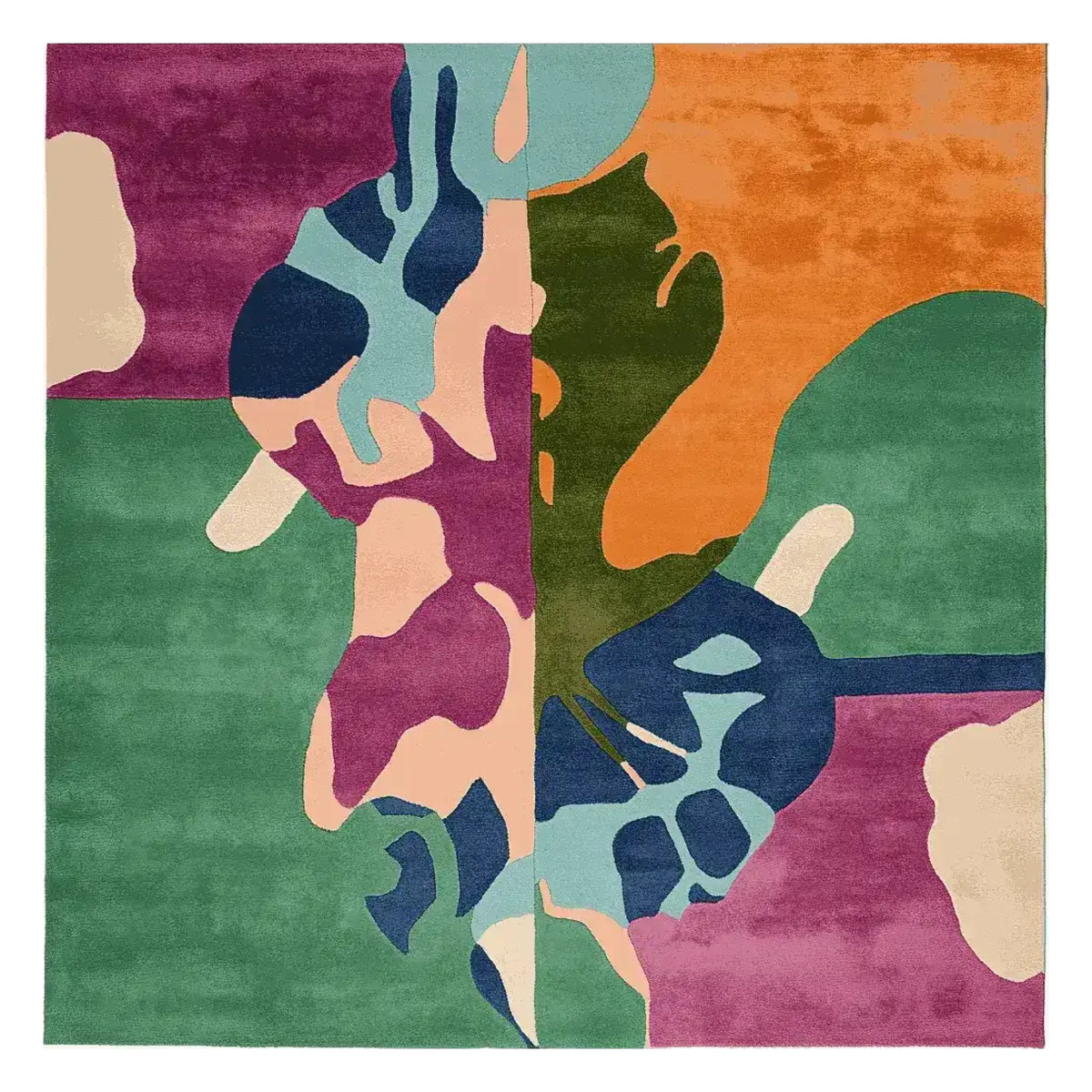 Vibrant and contemporary square area rug featuring a hand-tufted abstract design in bold colors like green, orange, purple, and blue. Made from high-quality wool, this large 8x10 rug is perfect for enhancing the style of a modern living room.