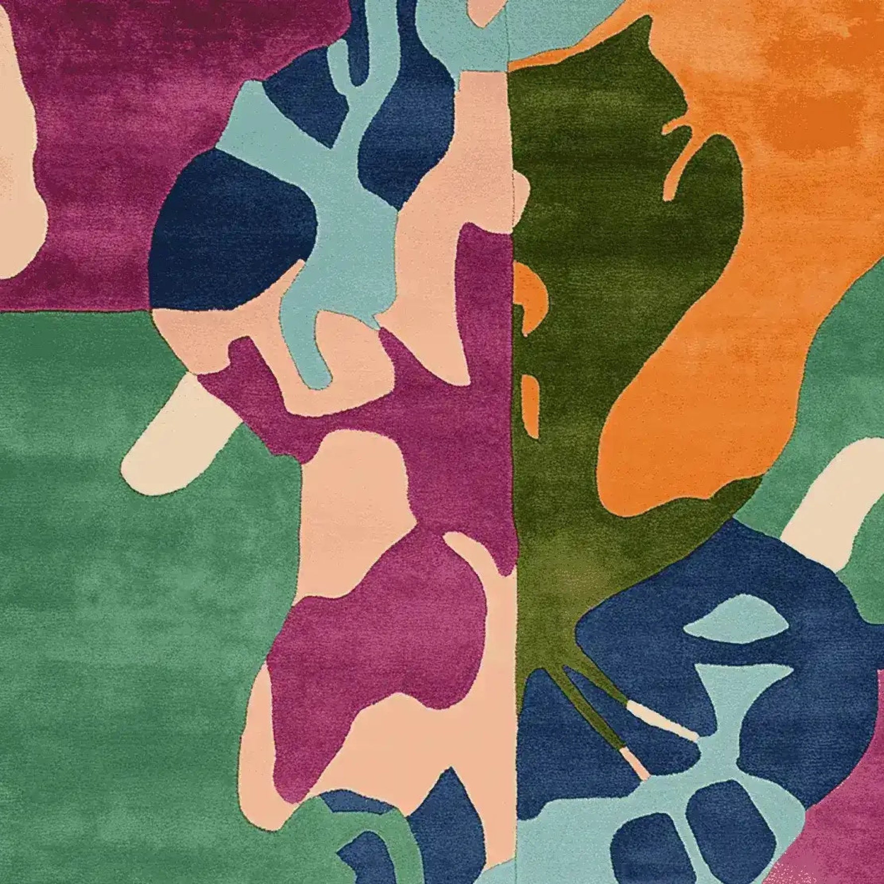 Top view of the Color Clash Canvas Hand Tufted Rug, showcasing a vibrant abstract design with bold colors like green, orange, and purple. This contemporary square area rug is perfect for large living rooms, adding a touch of modern art to your space. Made from high-quality wool, this 8x10 square rug is both stylish and durable.