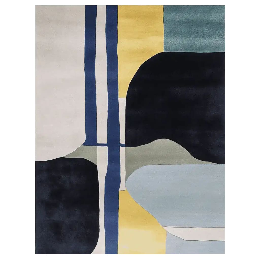 A contemporary area rug featuring an abstract geometric design with bold colors including blue, yellow, black, and gray. Perfectly suited for modern living rooms, this hand tufted wool rug measures 8x10, providing a stylish and cozy addition to any space.