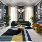 Modern living room with a green sofa, yellow chairs, a contemporary wool rug,  and decorative elements.