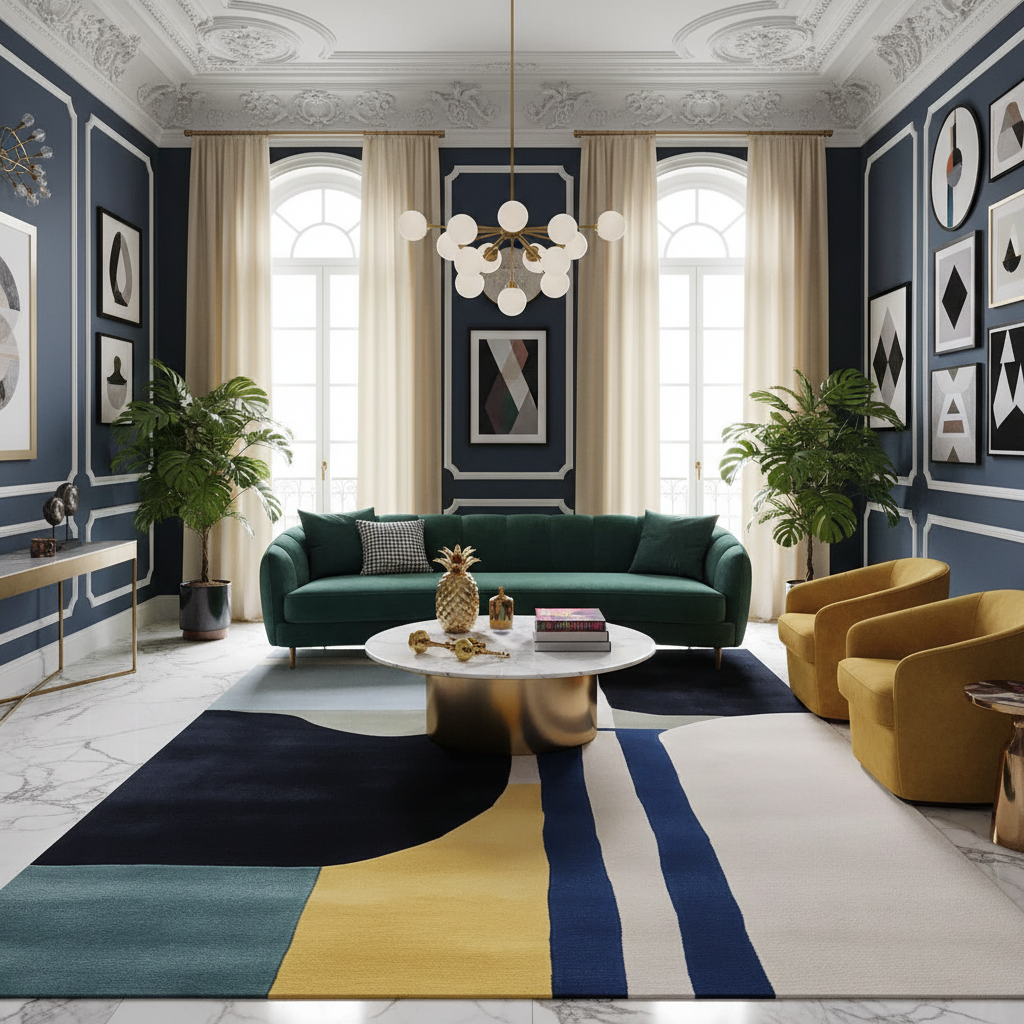 Modern living room with a green sofa, yellow chairs, a contemporary wool rug,  and decorative elements.