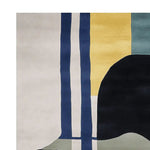 A modern area rug featuring a hand-tufted wool design with bold geometric patterns and a mix of colors including blue, yellow, and black. This contemporary rug is perfect for adding a stylish touch to living room spaces. Ideal for those seeking living room rugs in 8x10 size.