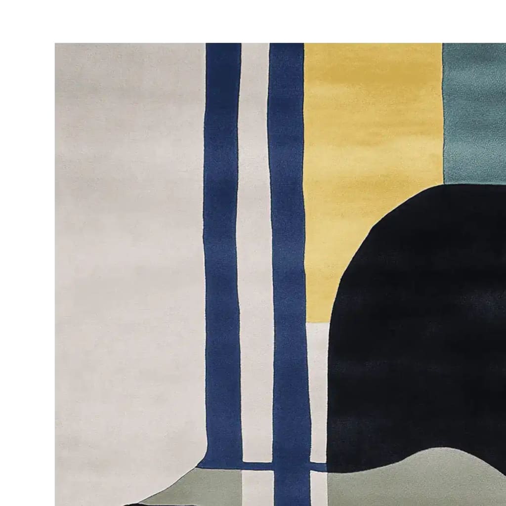 A modern area rug featuring a hand-tufted wool design with bold geometric patterns and a mix of colors including blue, yellow, and black. This contemporary rug is perfect for adding a stylish touch to living room spaces. Ideal for those seeking living room rugs in 8x10 size.