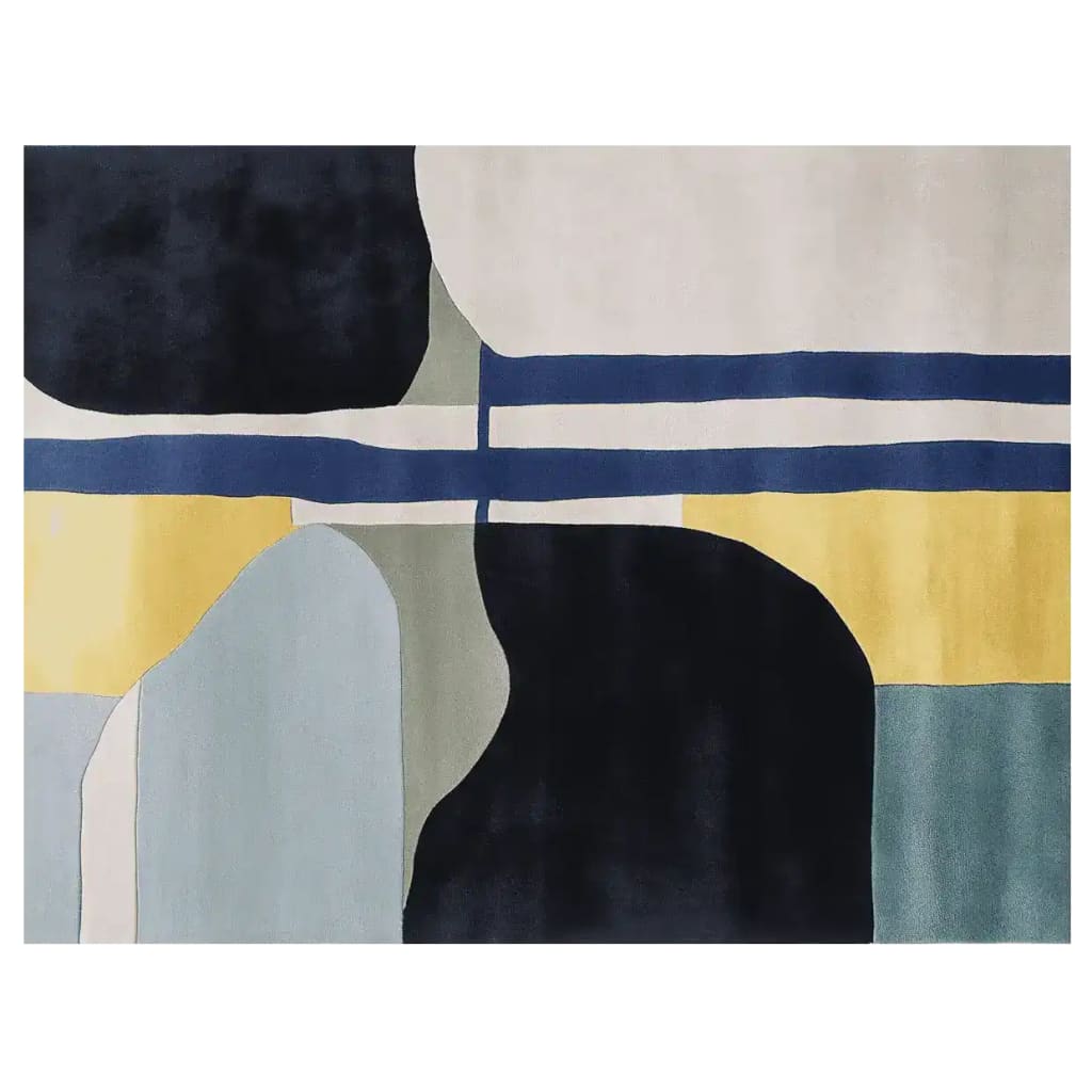 A contemporary area rug with an abstract geometric design, featuring bold blue, yellow, and black shapes. This wool rug is perfect for adding a modern touch to living room spaces, especially fitting as an 8x10 living room area rug.