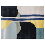 A contemporary area rug with an abstract geometric design, featuring bold blue, yellow, and black shapes. This wool rug is perfect for adding a modern touch to living room spaces, especially fitting as an 8x10 living room area rug.