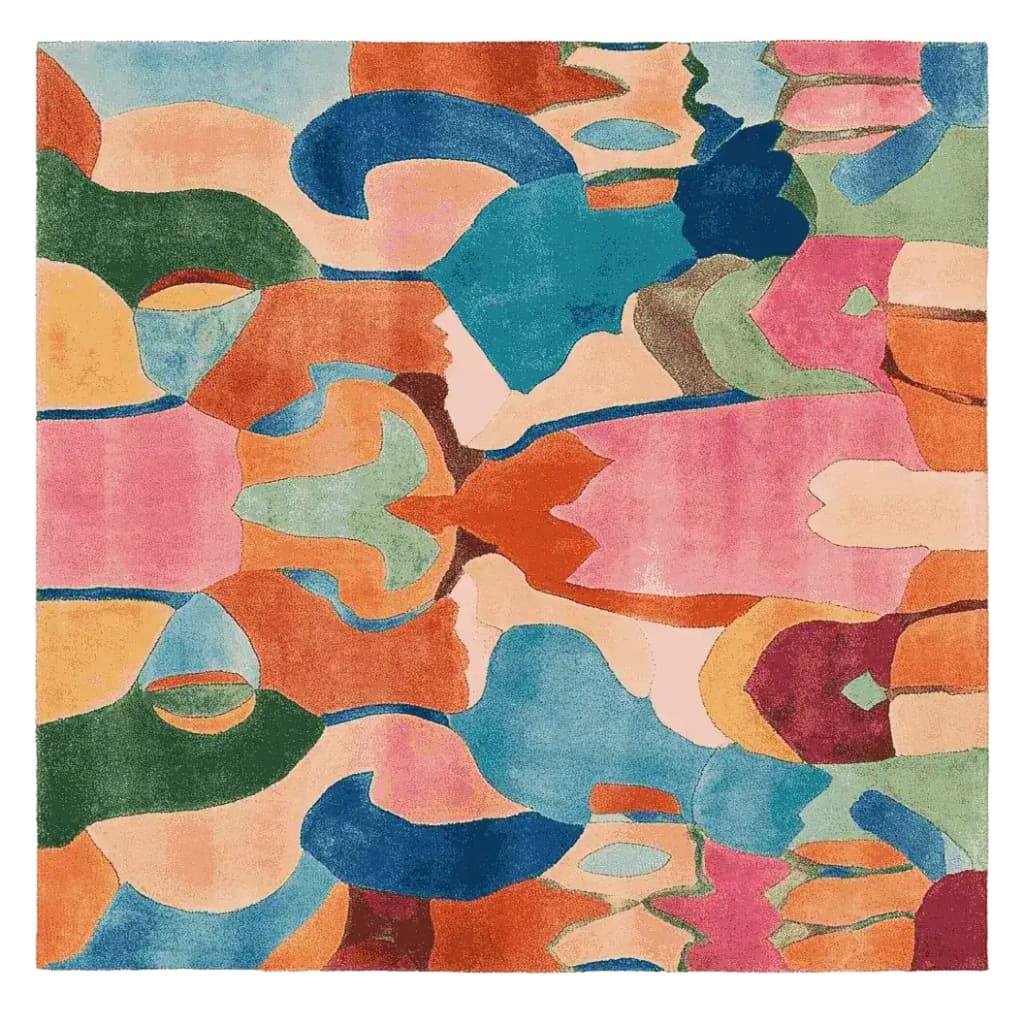 A vibrant and colorful area rug featuring an abstract design with bold, overlapping shapes in shades of blue, pink, orange, and green. This square rug is perfect for adding a contemporary touch to any living room. Hand-tufted from wool, it offers a unique artistic flair, making it an ideal choice for those seeking modern area rugs for the living room.