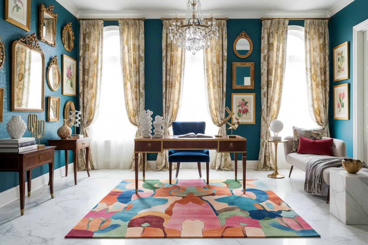 Decorative living room with colorful rug, furniture, and wall art.