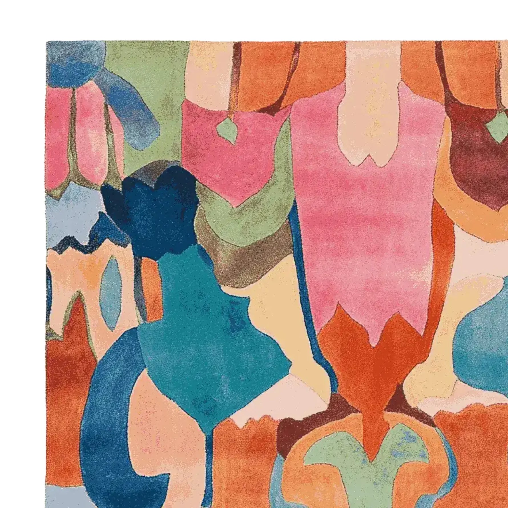 Top view of a vibrant, hand-tufted area rug with an abstract design. This square rug features a mix of pink, blue, green, and orange hues, making it an ideal contemporary rug for living rooms. Crafted from wool, this square area rug adds a bold artistic touch to any space.