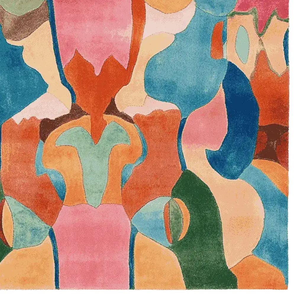 Vibrant Color Collision Hand Tufted Area Rug featuring an abstract pattern with bold splashes of pink, blue, orange, and green. This contemporary square rug is perfect for adding a touch of color and modern style to your living room. Made from high-quality wool, this square area rug offers both durability and a soft feel underfoot, making it an ideal choice for area rugs for living room settings.