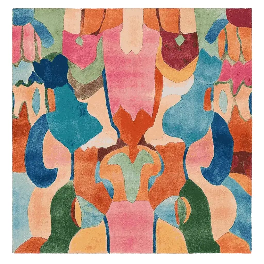 Vibrant Color Collision Hand Tufted Area Rug featuring an abstract design in vivid blues, pinks, and oranges. This square rug is perfect for adding a contemporary flair to any living room. Made from high-quality wool, it serves as a stunning centerpiece, ideal for those seeking unique square area rugs for living room decor.