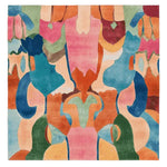 Vibrant Color Collision Hand Tufted Area Rug featuring an abstract design in vivid blues, pinks, and oranges. This square rug is perfect for adding a contemporary flair to any living room. Made from high-quality wool, it serves as a stunning centerpiece, ideal for those seeking unique square area rugs for living room decor.