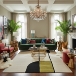 Living room with a green sofa, a minimalist wool rug, colorful pillows, and a chandelier.