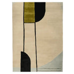 A contemporary area rug featuring an abstract design with bold black lines and geometric shapes in green and beige tones. Perfect for large living rooms, this wool rug measures 8x10 and adds a modern touch to any space.