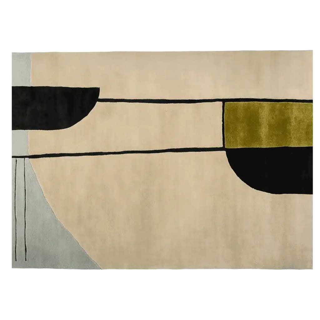 A contemporary hand-tufted wool area rug featuring abstract geometric shapes in neutral tones. Ideal for large living rooms, this 8x10 rug adds a modern touch with its stylish design.