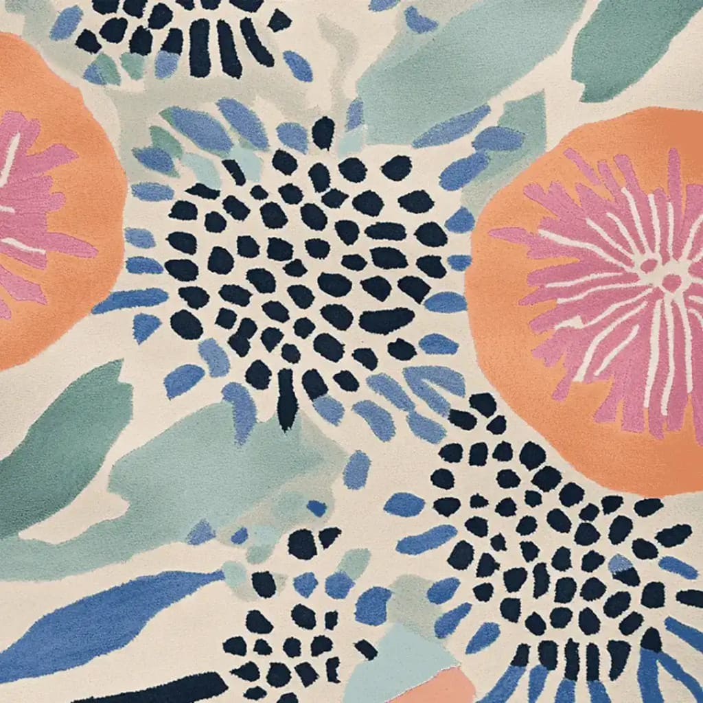 A close-up view of the Color Field Reverie Hand Tufted Rug, showcasing its vibrant abstract design. This area rug is perfect for large living rooms, featuring bold colors like coral, pink, and blue in an artistic pattern. Made from high-quality wool, this contemporary rug adds a touch of elegance and style, ideal for those seeking unique area rugs for living room spaces.