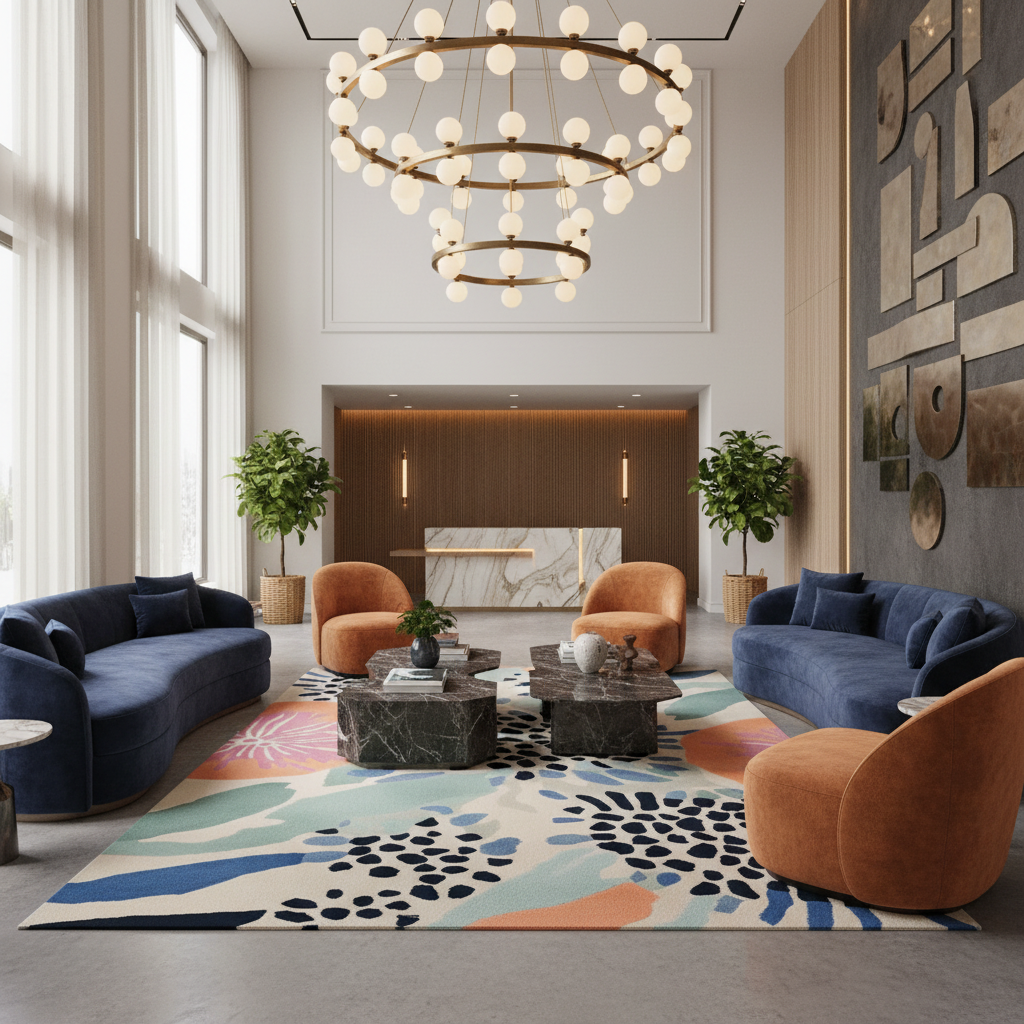 Modern living room with blue sofas, orange chairs, and a colorful contemporary rug.