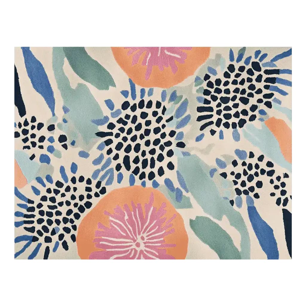 Vibrant hand-tufted area rug featuring an abstract floral pattern with bold colors including orange, pink, blue, and green. Perfect for adding a contemporary touch to large living rooms, this wool rug combines modern design with comfort, making it an ideal choice for area rugs in any living room.