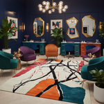 Modern interior design with colorful furniture and abstract rug.