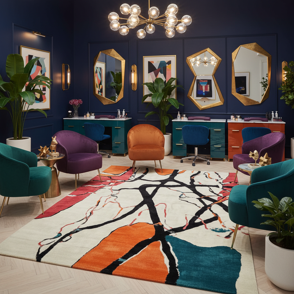 Modern interior design with colorful furniture and abstract rug.