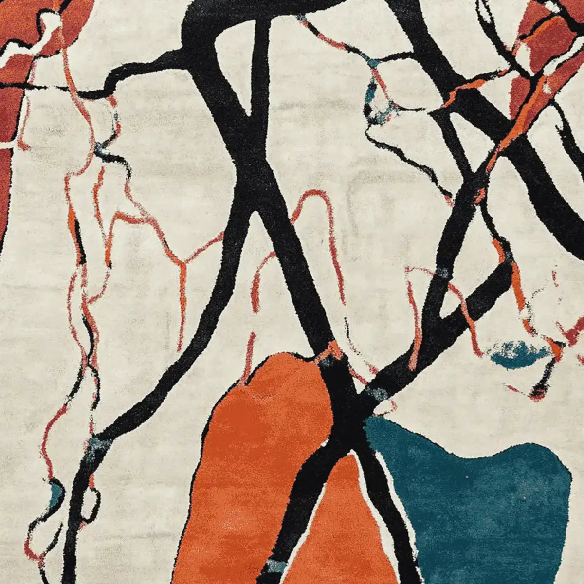 A vibrant area rug featuring an abstract design with bold black lines and splashes of orange and teal, perfect for large living room spaces. This hand-tufted wool rug adds a contemporary flair to any living room area.
