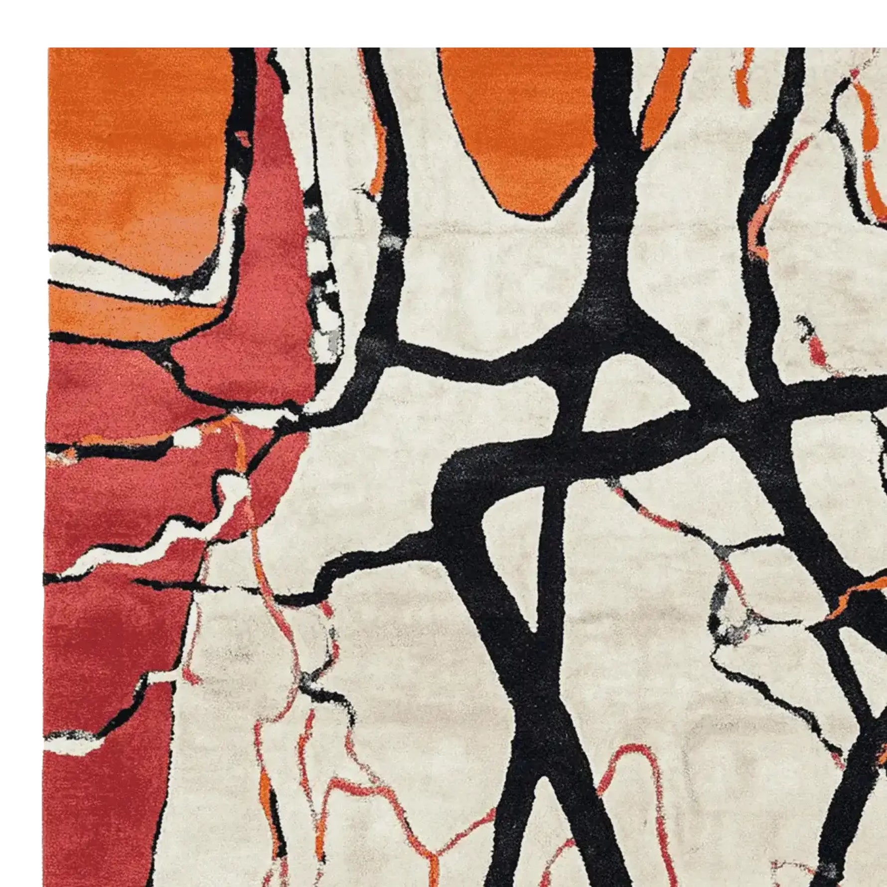 Close-up view of the Color Frame Chaos Hand Tufted Rug, a contemporary wool area rug perfect for large living rooms. The abstract design features bold black lines and vibrant orange and red hues, making it an ideal choice for living room area rugs.