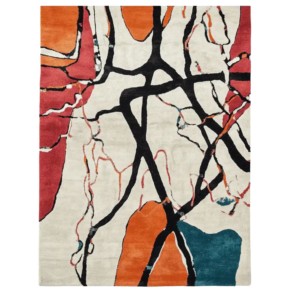 This vibrant Area Rug features a striking abstract design with bold black lines and splashes of rich orange, red, and teal colors. Perfect for adding a contemporary touch to any large living room, this wool rug combines artistic flair with the practicality of living room area rugs.