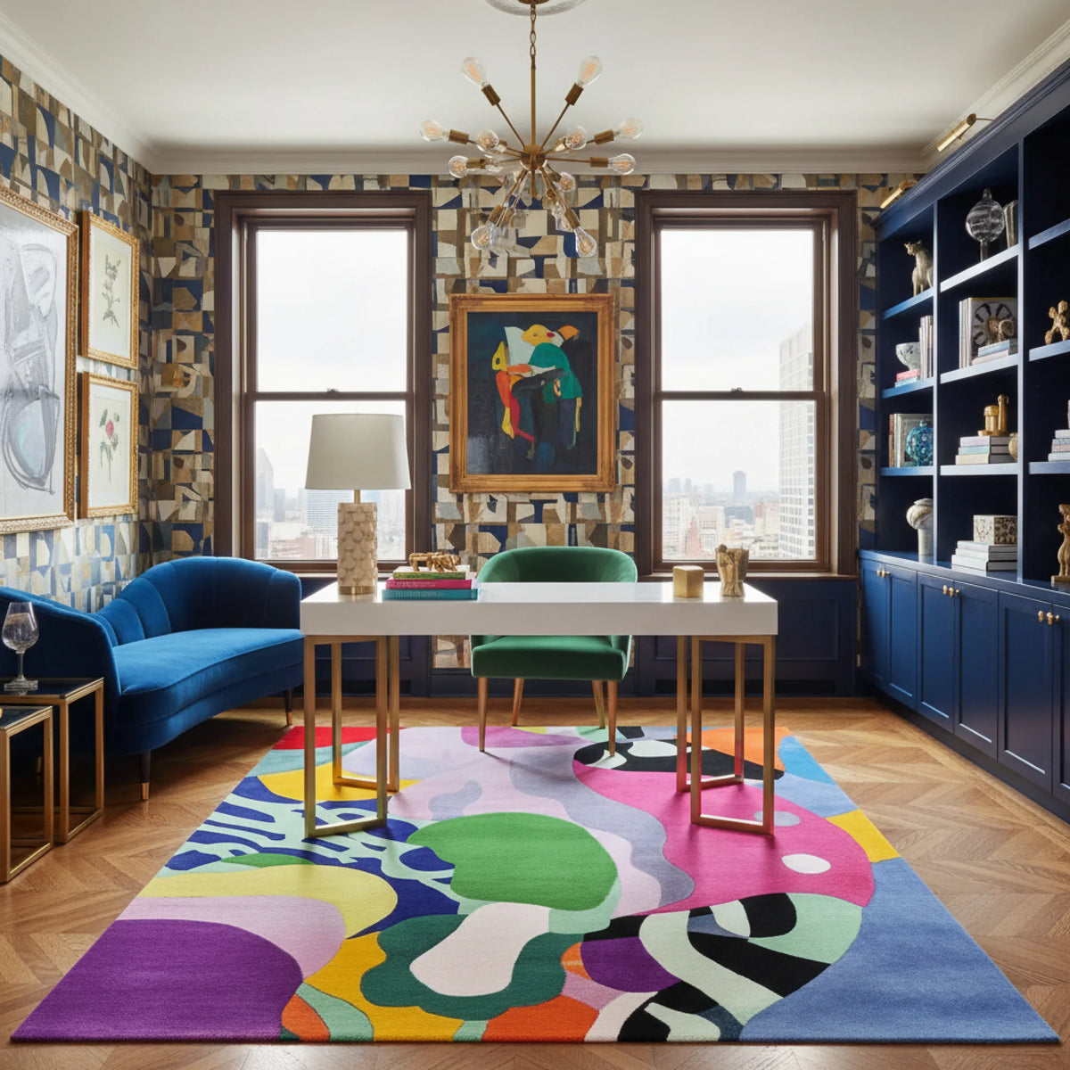 Modern office room with colorful rug, blue sofa, and patterned walls.