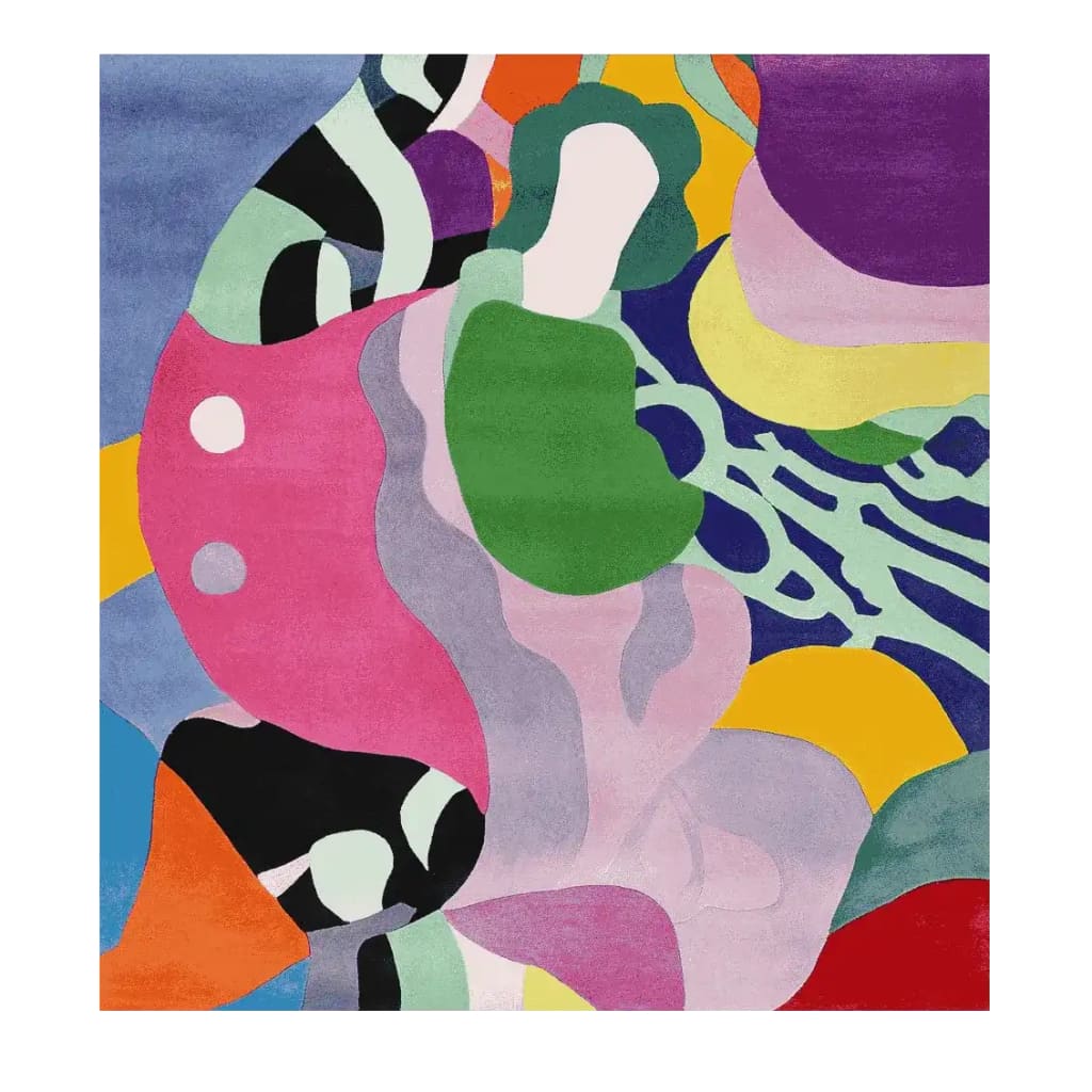 Vibrant Color Frenzy Ritual Hand Tufted Area Rug showcasing an abstract design with bold colors like green, pink, blue, and yellow, perfect as a square area rug for contemporary living rooms. This wool rug adds a splash of creativity and style.