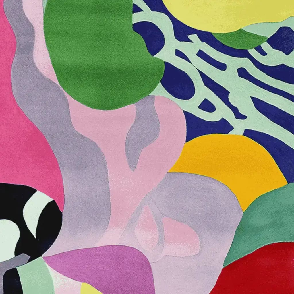 A vibrant, contemporary square area rug showcasing an abstract design in a mix of bold colors including green, pink, yellow, and blue. This hand-tufted wool rug is perfect for adding a pop of color to any living room.