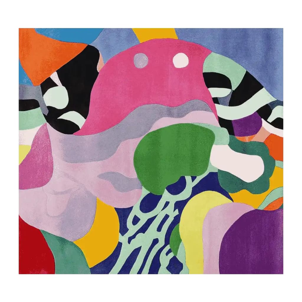 Vibrant and colorful abstract design on the Color Frenzy Ritual Hand Tufted Area Rug. This contemporary square rug features bold patterns and a mix of lively colors, making it a perfect wool rug for adding a pop of creativity to any living room.