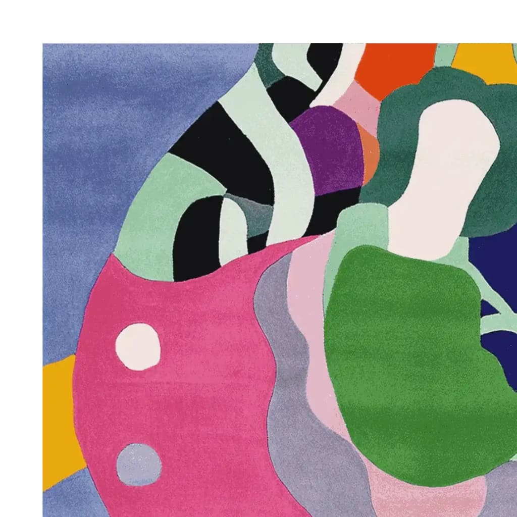 A vibrant and colorful contemporary square area rug featuring an abstract design with bold colors such as green, pink, blue, and orange. This hand-tufted wool rug adds a splash of artistic flair to any living room.