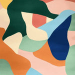 A vibrant and contemporary hand-tufted area rug featuring an abstract design with bold colors such as deep green, orange, blue, and cream. Perfect for adding a modern touch to large living rooms, this square wool rug brings warmth and style to your space.