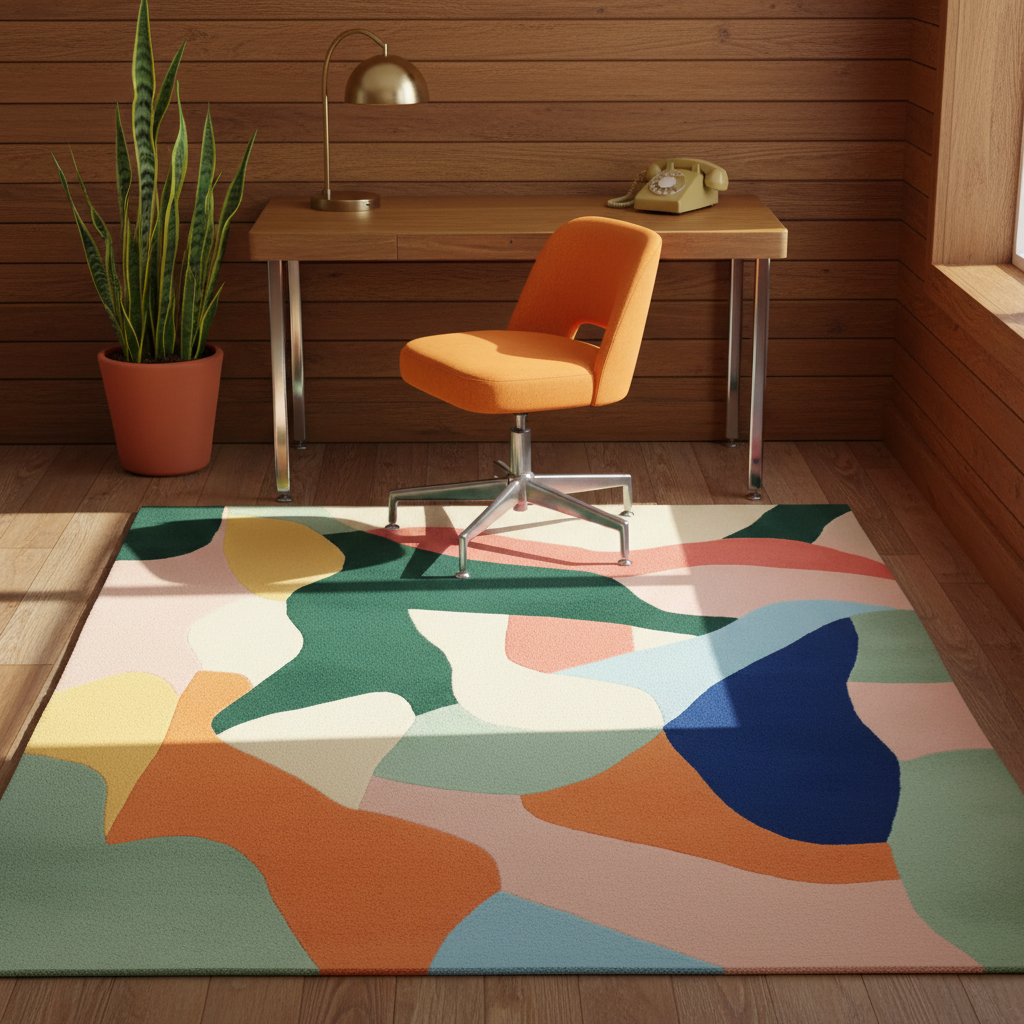 Colorful abstract rug in a room with a desk and chair.