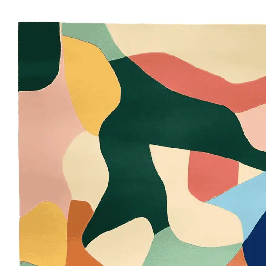 A vibrant, hand-tufted square area rug featuring an abstract design with bold colors like green, pink, orange, and yellow. This contemporary wool rug is perfect for adding a splash of color to large living room spaces.