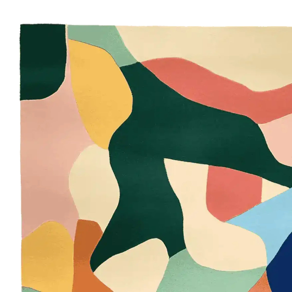 A vibrant, hand-tufted square area rug featuring an abstract design with bold colors like green, pink, orange, and yellow. This contemporary wool rug is perfect for adding a splash of color to large living room spaces.