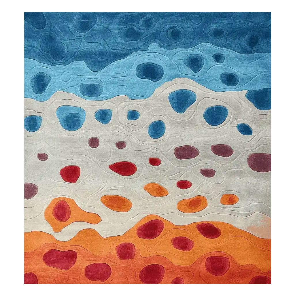 Vibrant Color Melt Shore Hand Tufted Area Rug featuring an abstract design in shades of blue, white, red, and orange. This wool rug is perfect for adding a contemporary touch to your living space. Ideal as an 8x10 living room rug, this piece offers both style and comfort for any area.