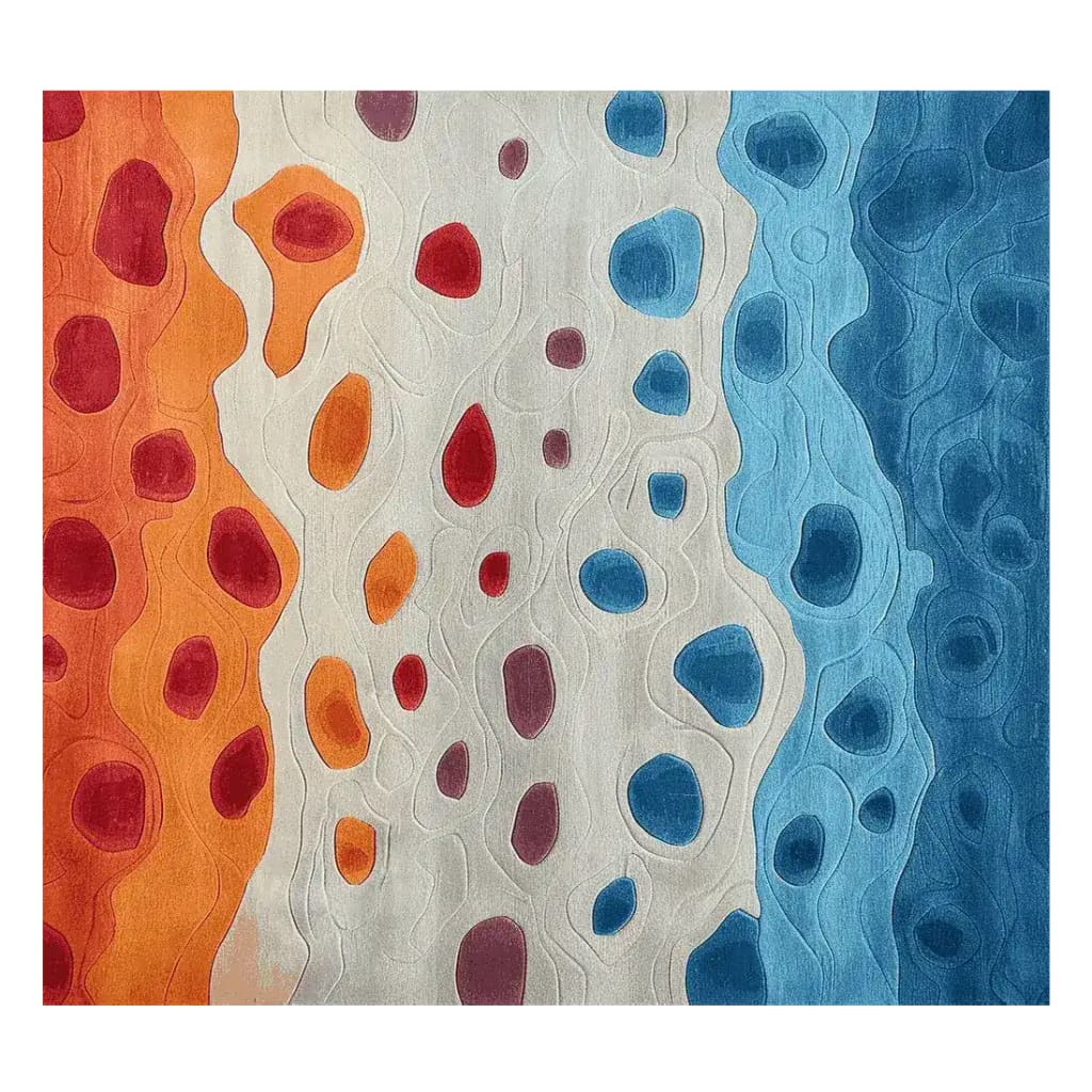 A vibrant and contemporary area rug with a stunning color melt design, this wool rug features a blend of orange, red, white, and blue hues. Perfect for adding a splash of color to your living room, this hand-tufted rug measures 8x10, ideal for modern interiors.