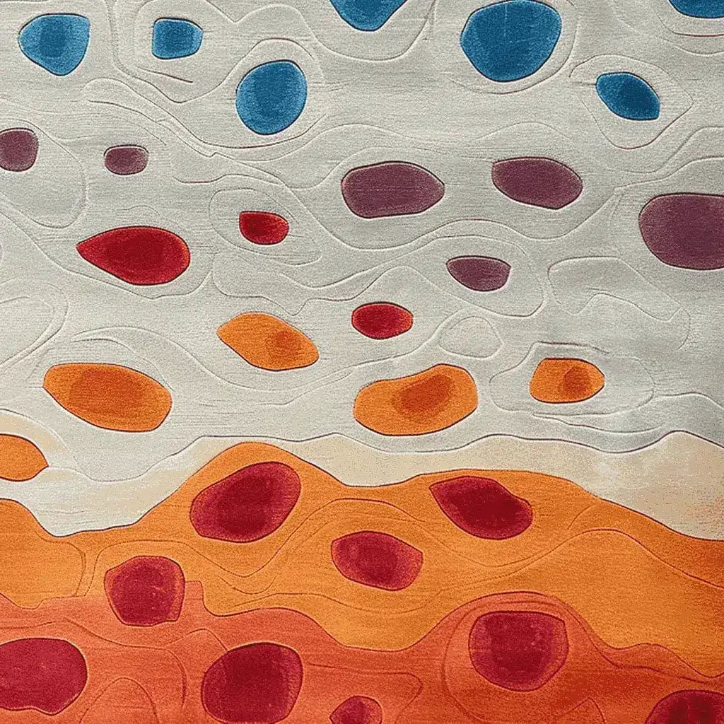 Vibrant Color Melt Shore Hand Tufted Area Rug showcasing an abstract design with bold shades of blue, red, and orange. This contemporary wool rug is perfect for adding a splash of color to living room spaces, particularly in sizes like 8x10. Ideal for those seeking modern area rugs for living room decor.